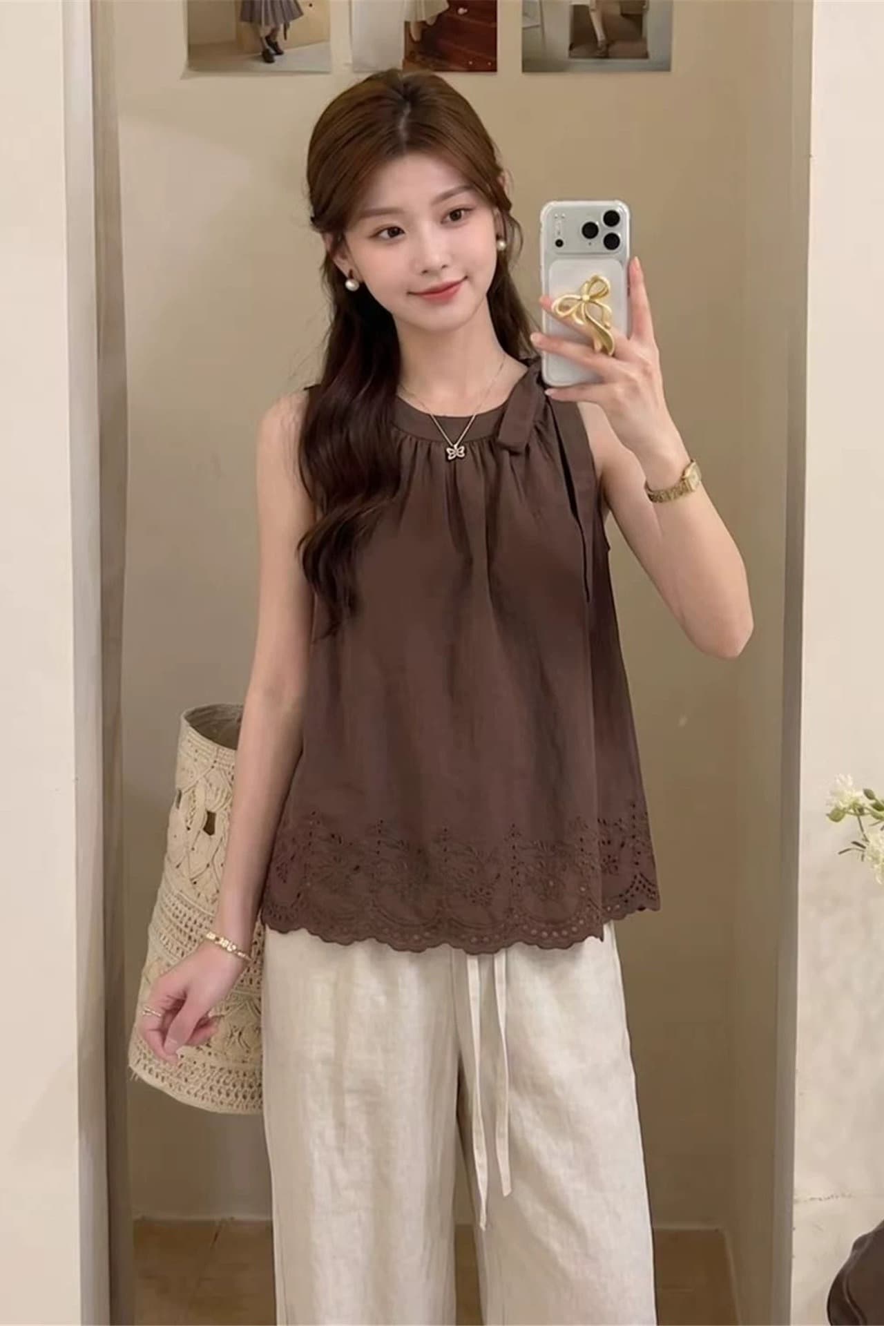여름 새로운 외출용 쉬폰 작은 조끼 작은 대중 디자인 달콤함 작은 청신 나비 매듭 스트랩 맨위 여성 이미지 6