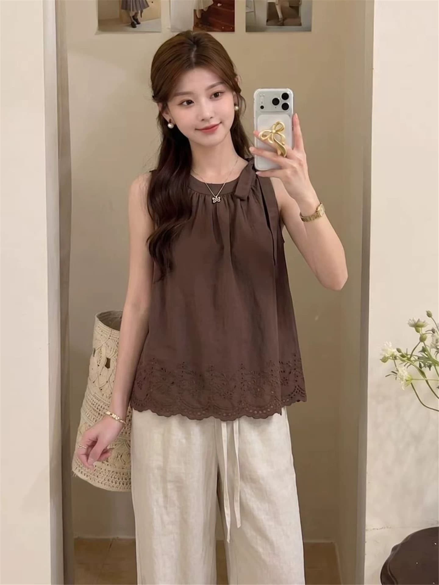 여름 새로운 외출용 쉬폰 작은 조끼 작은 대중 디자인 달콤함 작은 청신 나비 매듭 스트랩 맨위 여성 상세 이미지 1