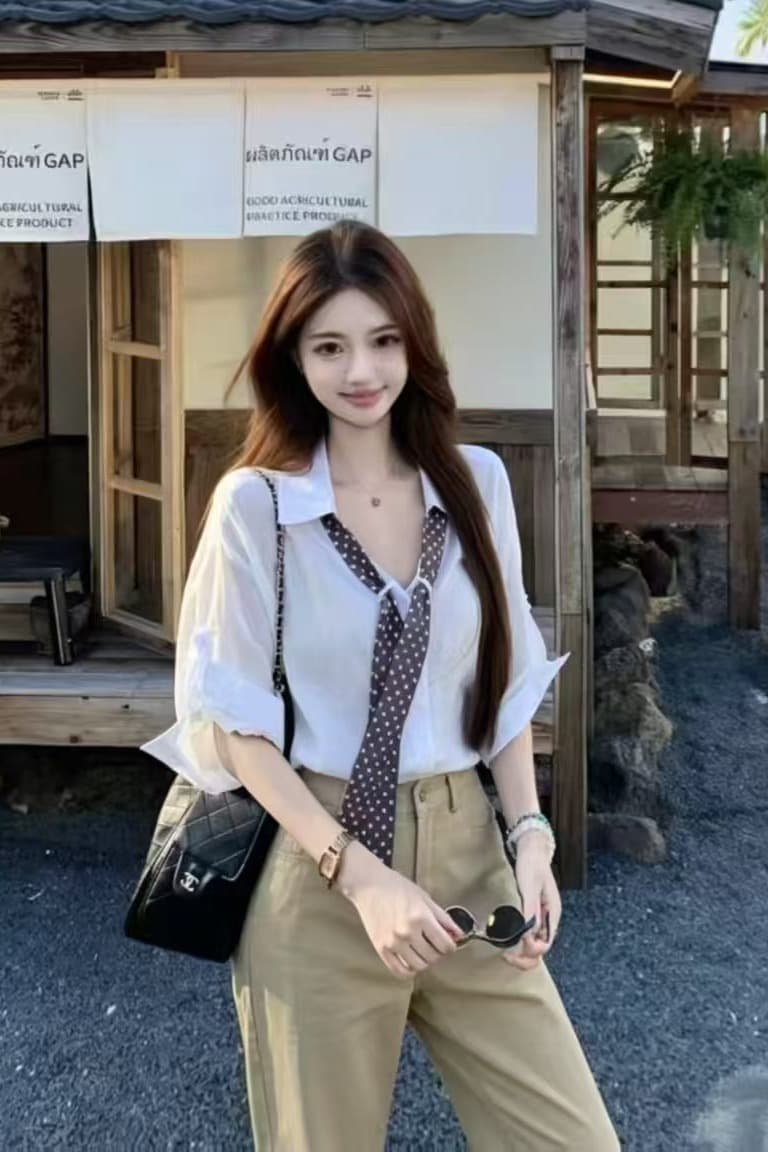 한 부서 레트로 도트 무늬 넥타이 화이트 여성 셔츠 여름 출퇴근 미니멀리즘 바람 루즈핏 긴팔 폴로 칼라 맨위 이미지 6