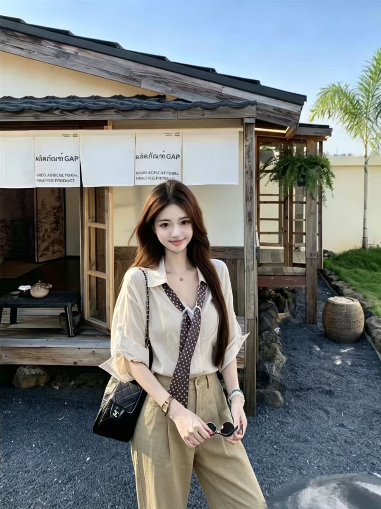 한 부서 레트로 도트 무늬 넥타이 화이트 여성 셔츠 여름 출퇴근 미니멀리즘 바람 루즈핏 긴팔 폴로 칼라 맨위 상세 이미지 4
