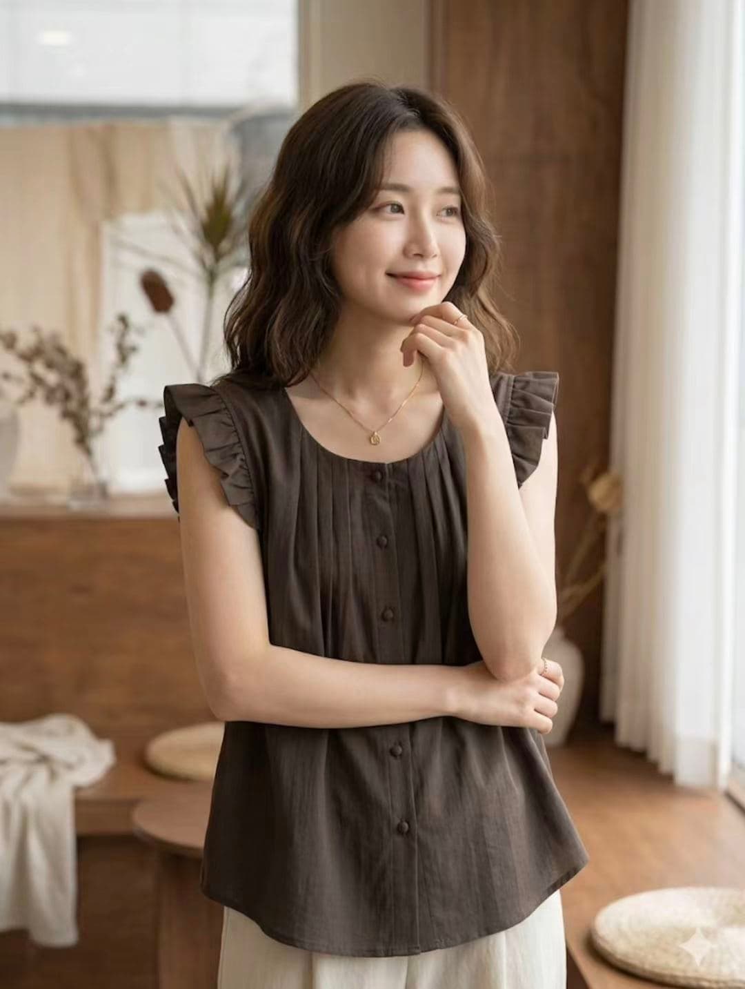 한 부서 작은 대중 지방 mm 프릴 작은 날다 소매 셔츠 셔츠 다용도 맨위 익스트림 제인 상쾌 상세 이미지 3