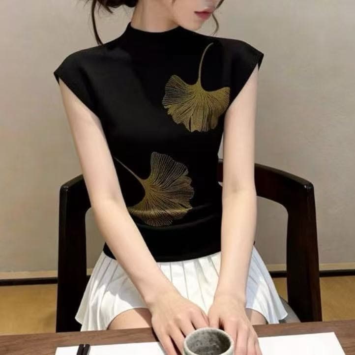 검정색 니트 반팔 티셔츠 여성 여름 인사이드 가져 가라. 프린트 다용도 어깨 동정 올해 인기 아름다운 ~ 중 맨위 상세 이미지 5