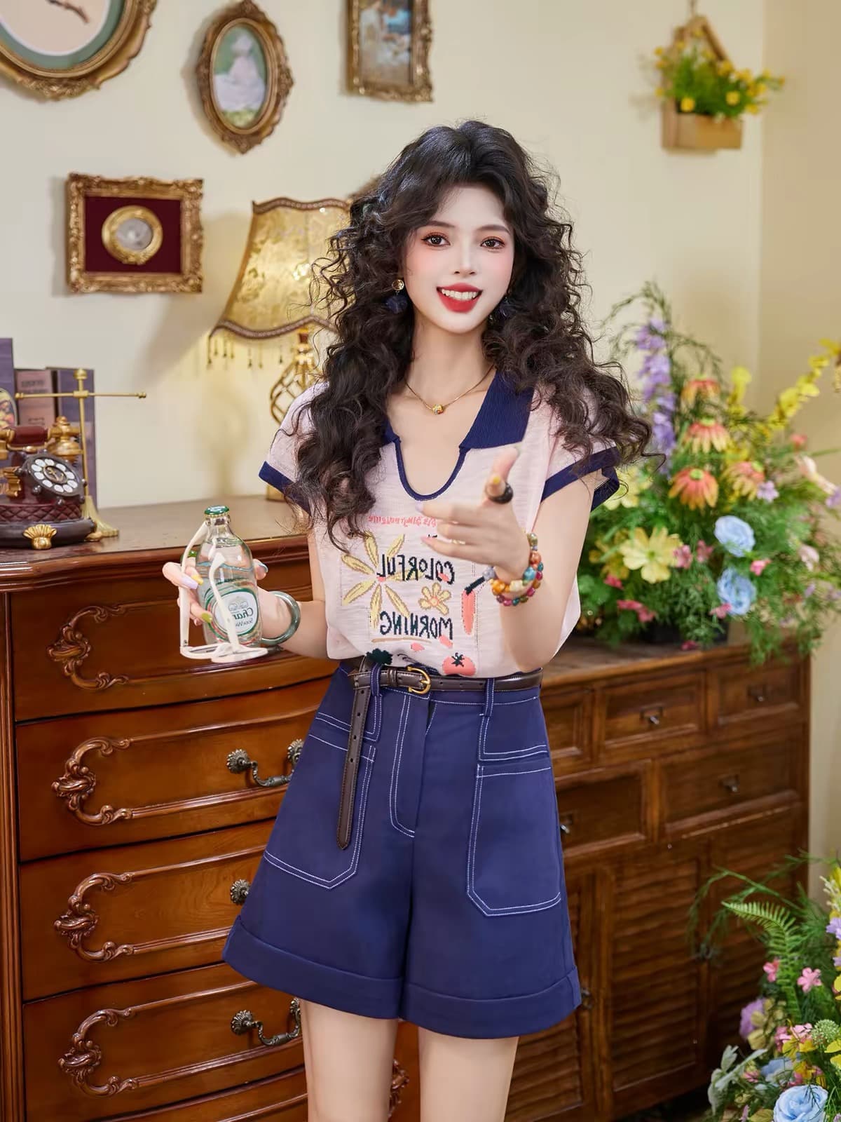 버튼 홈 색상 과수원 만화 컬러 짜임 티셔츠 여성 여름 얇은 스타일 캐주얼 니트 반팔 대나무 마디 마 이미지 2