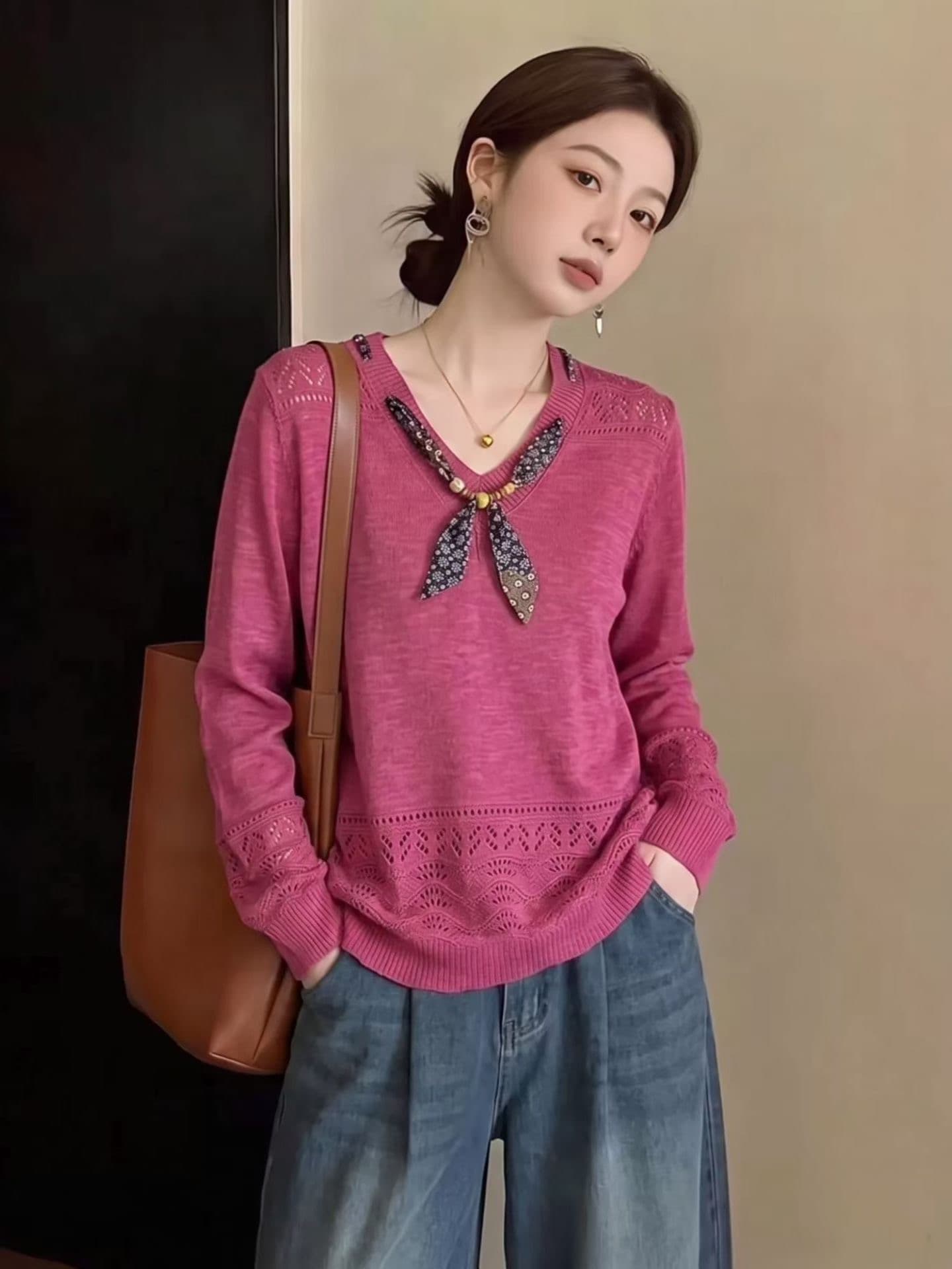 여름 새로운 한국 스타일 베이비 칼라 스트라이프 니트 스웨터 여성용 짧은 소매 풀오버 배색 슬림해 보이는 다용도 연령 감소 맨위 이미지 3