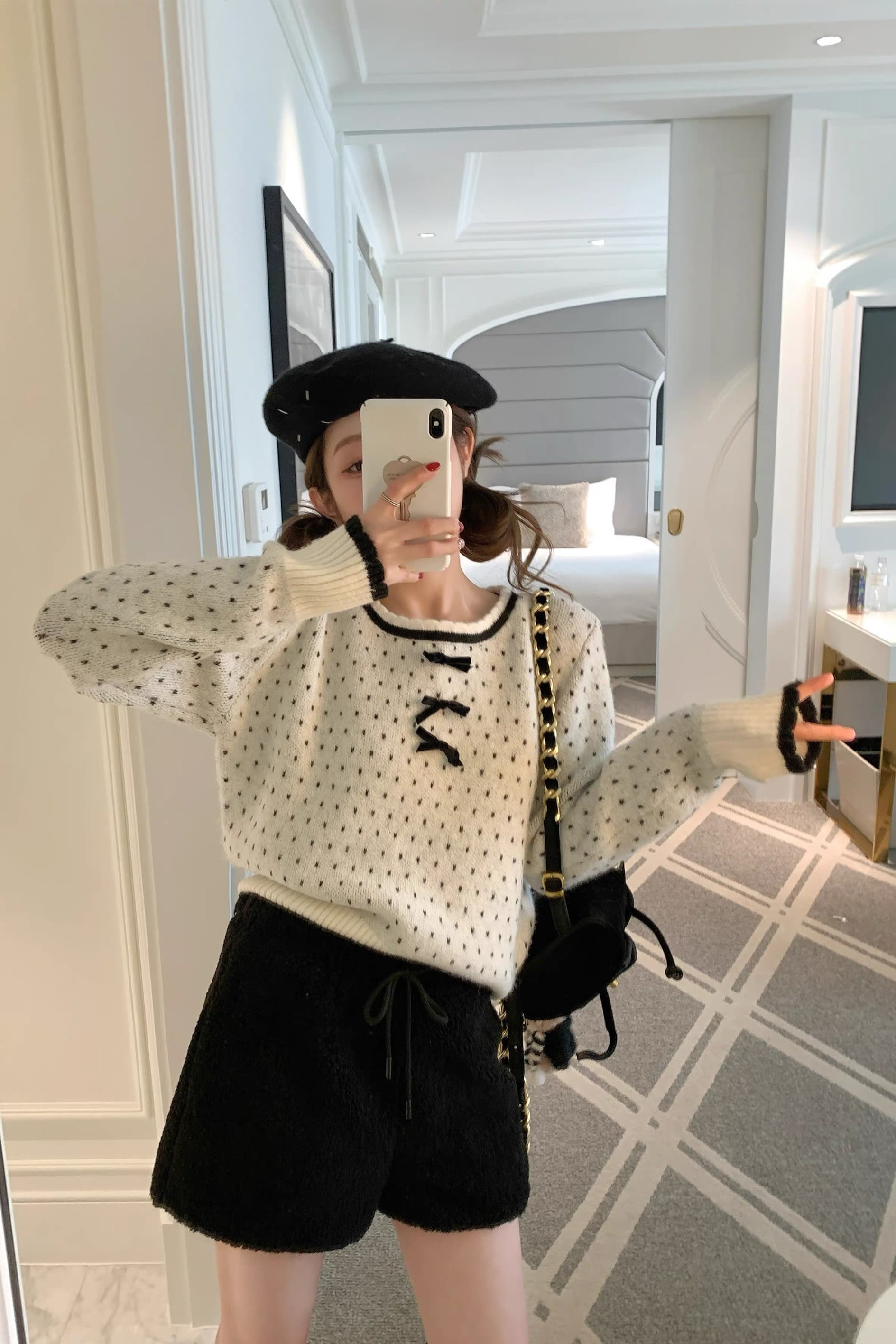 가을 겨울 새로운 달콤함 일본식 베이비 칼라 도트 무늬 레이스 나비 매듭 스웨터 느긋한 디자인 센스 다용도 맨위 여성 이미지 5