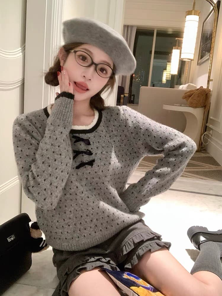 가을 겨울 새로운 달콤함 일본식 베이비 칼라 도트 무늬 레이스 나비 매듭 스웨터 느긋한 디자인 센스 다용도 맨위 여성 상세 이미지 2