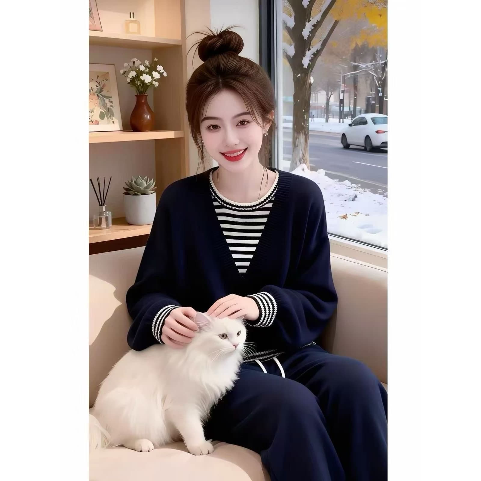 느긋한 바람 한 부서 스트라이프 패치워크 페이크 레이어드 니트 스웨터 스웨터 여자 가을 겨울 패션 루즈핏 캐주얼 세트 상세 이미지 1