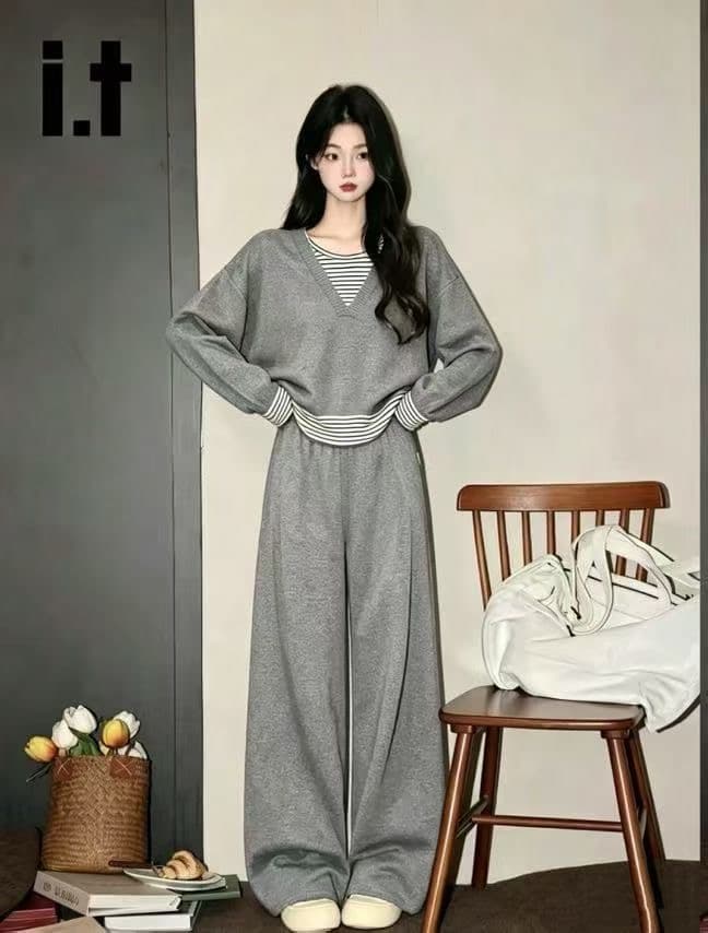 느긋한 바람 한 부서 스트라이프 패치워크 페이크 레이어드 니트 스웨터 스웨터 여자 가을 겨울 패션 루즈핏 캐주얼 세트 상세 이미지 3