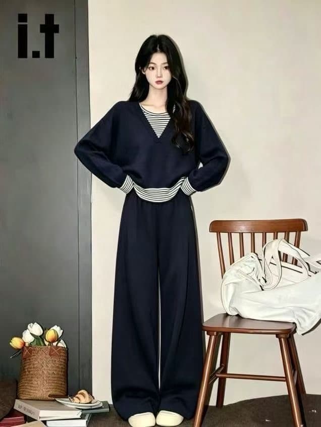 느긋한 바람 한 부서 스트라이프 패치워크 페이크 레이어드 니트 스웨터 스웨터 여자 가을 겨울 패션 루즈핏 캐주얼 세트 상세 이미지 5