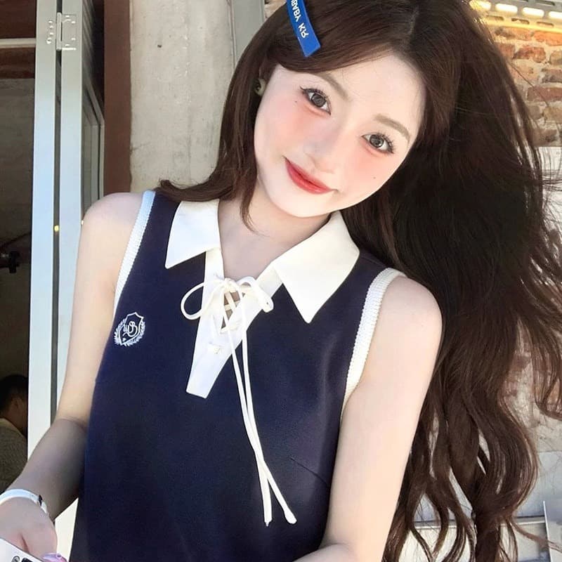 한국 학생 학원 작은 샤넬 스타일 달콤함 연령 감소 자수 POLO 칼라 얼음 실크 드레스 작은 키 루즈핏 표지 배 이미지 5