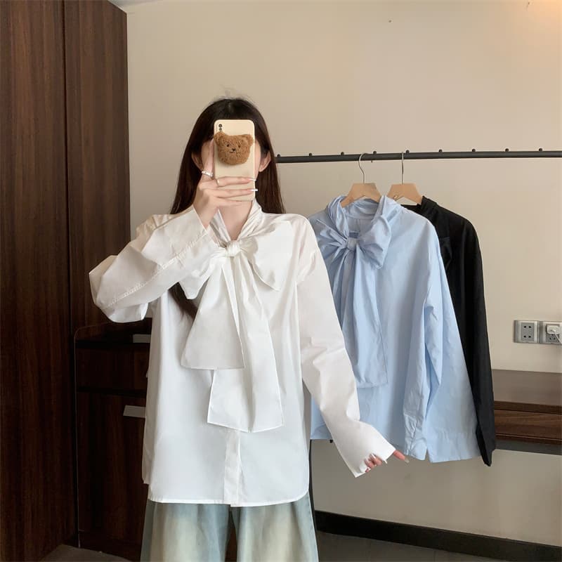 새로운 지방 mm 여성 셔츠 부서 나비 매듭 패션 외국 가스 중간 길이 디자인 센스 레트로 내부 및 외부 가져 가라. 여성 셔츠 상세 이미지 20