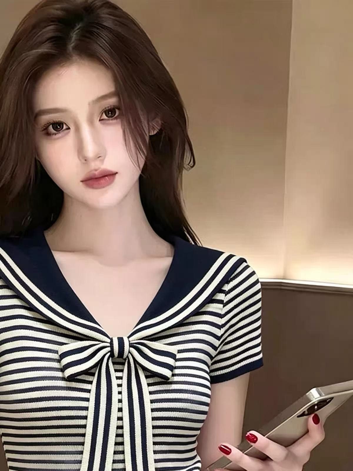 한 스타일 해군 스타일 나비 매듭 스트라이프 반팔 티셔츠 여성 여름 폴로 칼라 허리 수축 슬림해 보이는 연령 감소 다용도 맨위 트렌디 상세 이미지 3