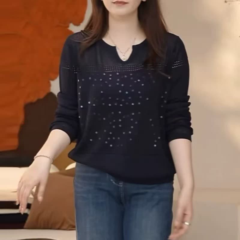 스팽글 V넥 홀로우 아웃 니트 스웨터 여성 2026 봄 여름 새로운 루즈핏 외출용 맨위 외국 가스 얇은 스웨터 블라우스 트렌디 이미지 2