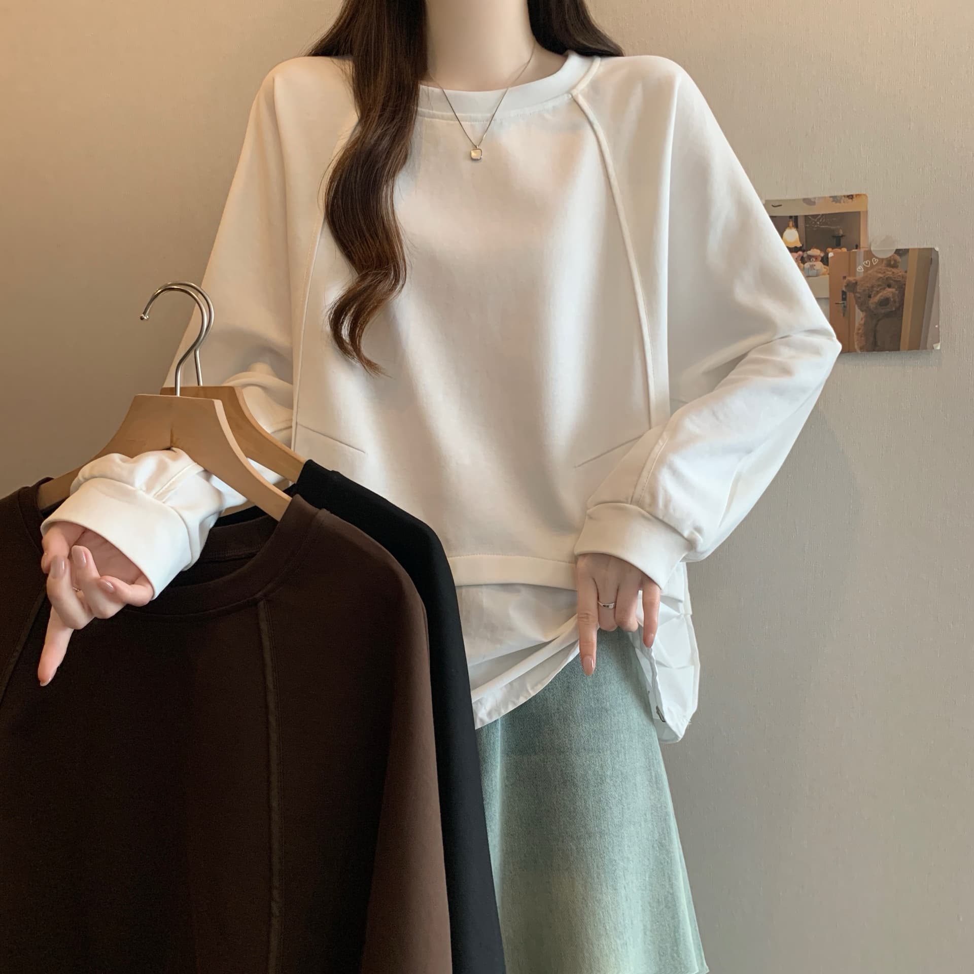 2026 빅 사이즈 가을 새로운 트렌디 느긋한 바람 라운드 넥 캐주얼 다용도 긴팔 펌프 로프 밑단 패치워크 패션 맨위 상세 이미지 9