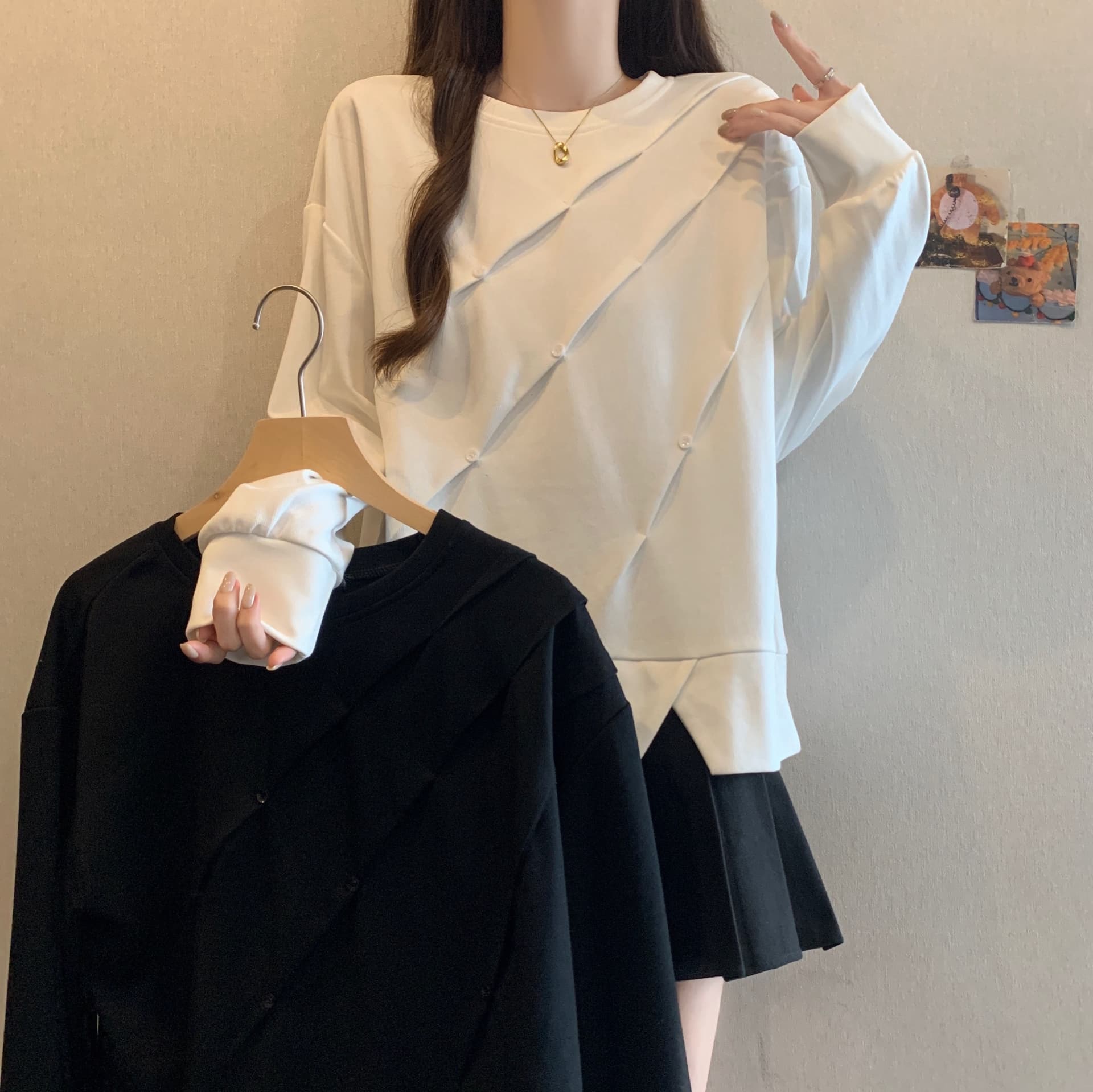 2026 가을 새로운 지방 mm 긴팔 맨위 여성 빅 사이즈 슬림해 보이는 불규칙 라운드 넥 후드티 트렌디 이미지 2