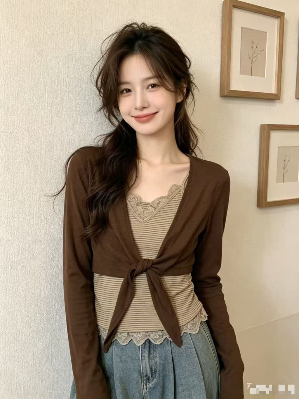 빅 사이즈 핫걸 레이스 조각 스트라이프 캐미솔 가을 외부 가져 가라. 쇼트 스타일 긴팔 오픈 가디건 맨위 투피스 세트