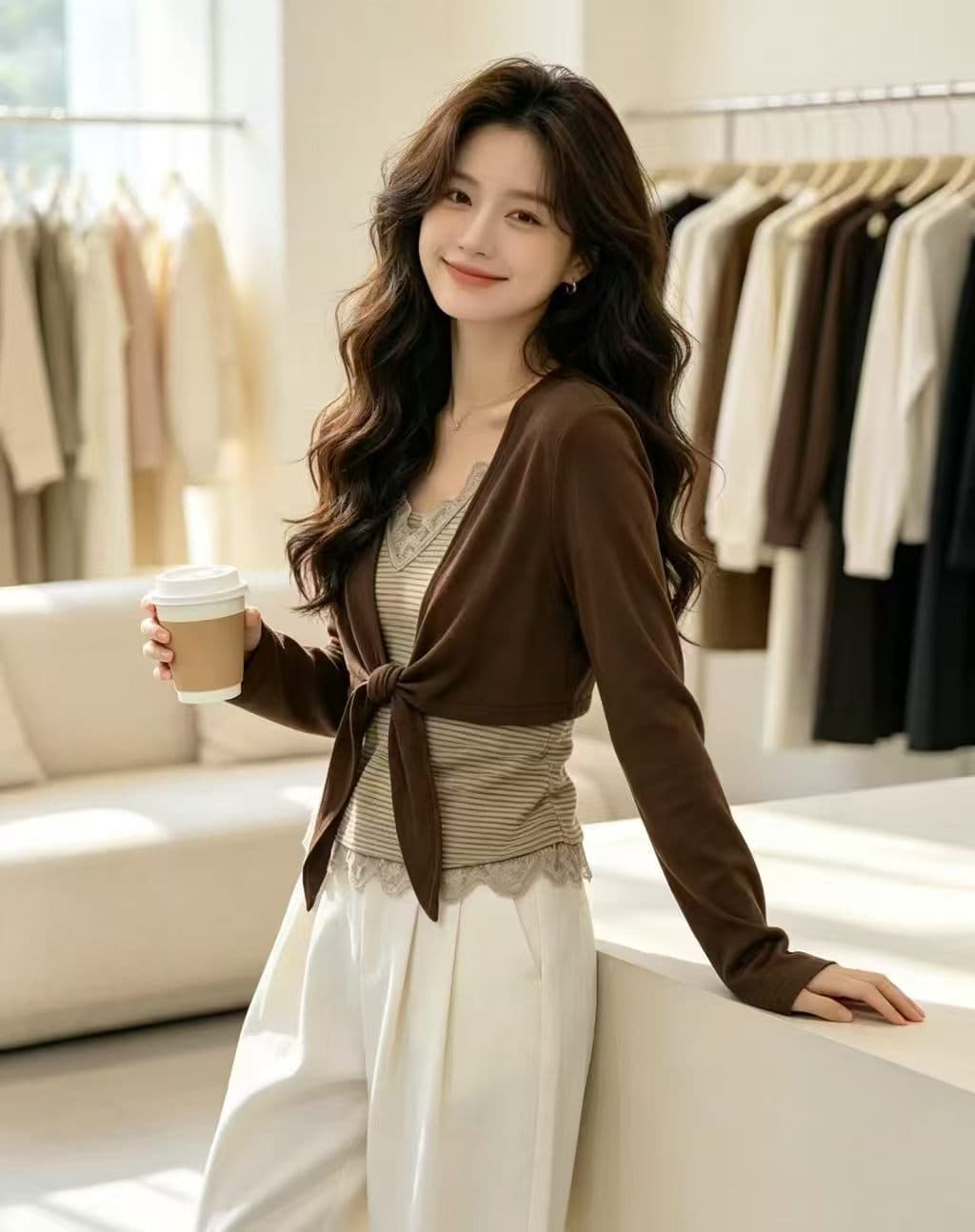 빅 사이즈 핫걸 레이스 조각 스트라이프 캐미솔 가을 외부 가져 가라. 쇼트 스타일 긴팔 오픈 가디건 맨위 투피스 세트 이미지 3