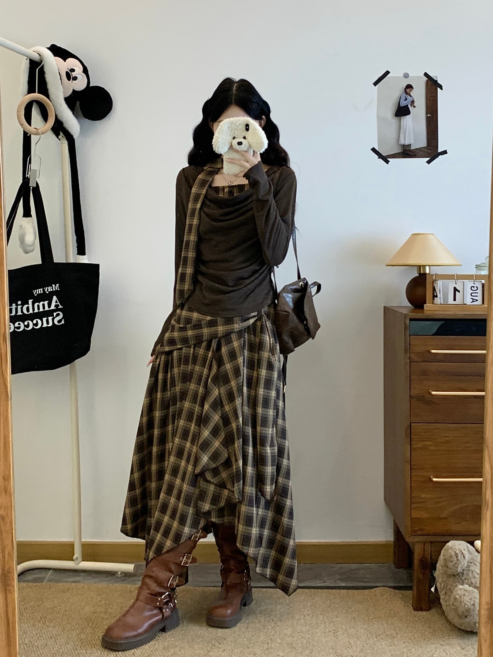 빅 사이즈 가을 새로운 디자인 센스 패션 체크무늬 리본 긴팔 맨위 불규칙 체크무늬 반신 치마 세트 상세 이미지 9