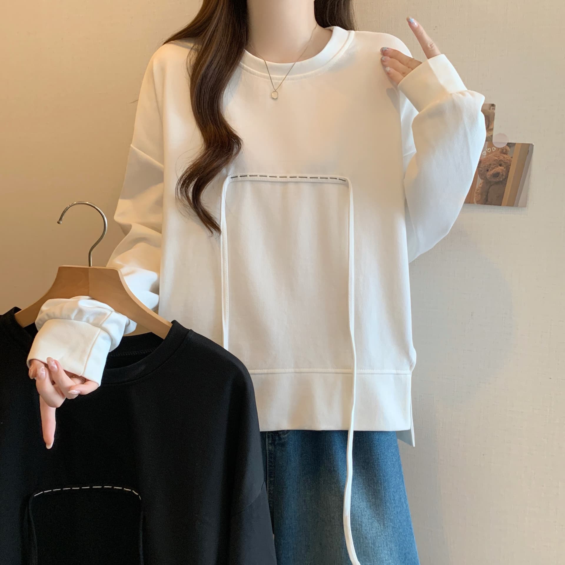가을 새로운 라운드 넥 풀오버 스웨트셔츠 여성 한국 스타일 루즈핏 지방 mm 슬림해 보이는 다용도 긴팔 빅 사이즈 여성 의류 맨위 이미지 2