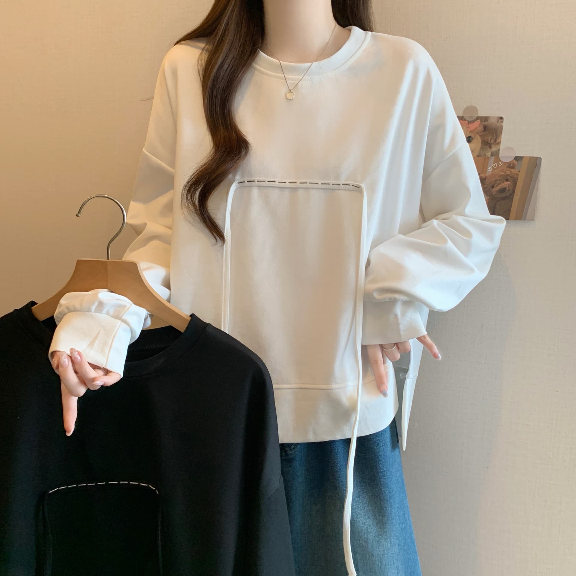 가을 새로운 라운드 넥 풀오버 스웨트셔츠 여성 한국 스타일 루즈핏 지방 mm 슬림해 보이는 다용도 긴팔 빅 사이즈 여성 의류 맨위 이미지 5