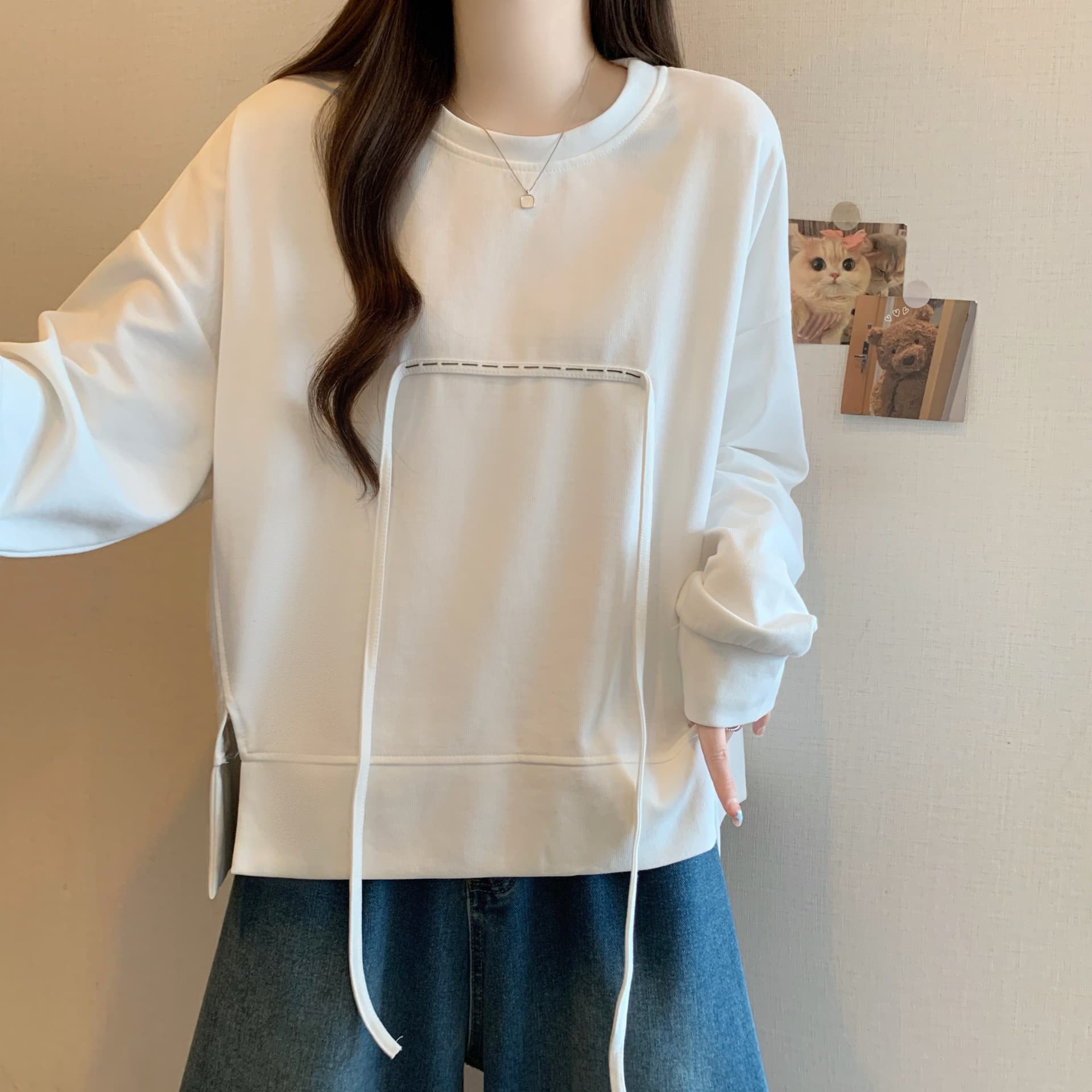 가을 새로운 라운드 넥 풀오버 스웨트셔츠 여성 한국 스타일 루즈핏 지방 mm 슬림해 보이는 다용도 긴팔 빅 사이즈 여성 의류 맨위 상세 이미지 4