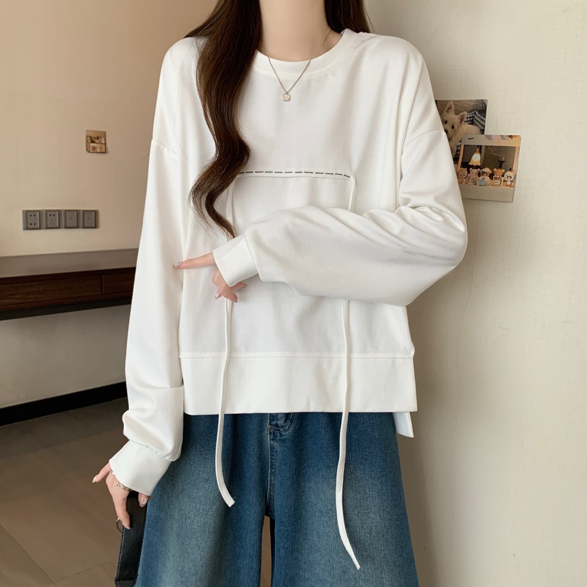 가을 새로운 라운드 넥 풀오버 스웨트셔츠 여성 한국 스타일 루즈핏 지방 mm 슬림해 보이는 다용도 긴팔 빅 사이즈 여성 의류 맨위 상세 이미지 10