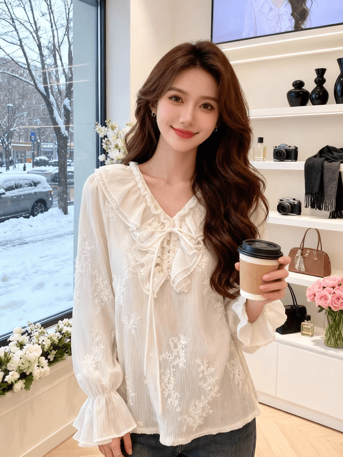 프랑스식 부드러운 바람 베이비 칼라 긴팔 자수 여성 셔츠 2026 년 가을 새로운 화이트 레이스업 슬림해 보이는 맨위 상세 이미지 2