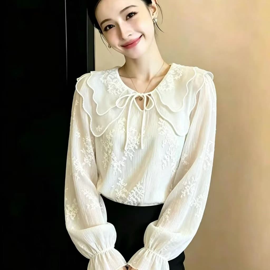 프랑스식 부드러운 바람 베이비 칼라 긴팔 자수 여성 셔츠 2026 년 가을 새로운 레이스업 슬림해 보이는 맨위