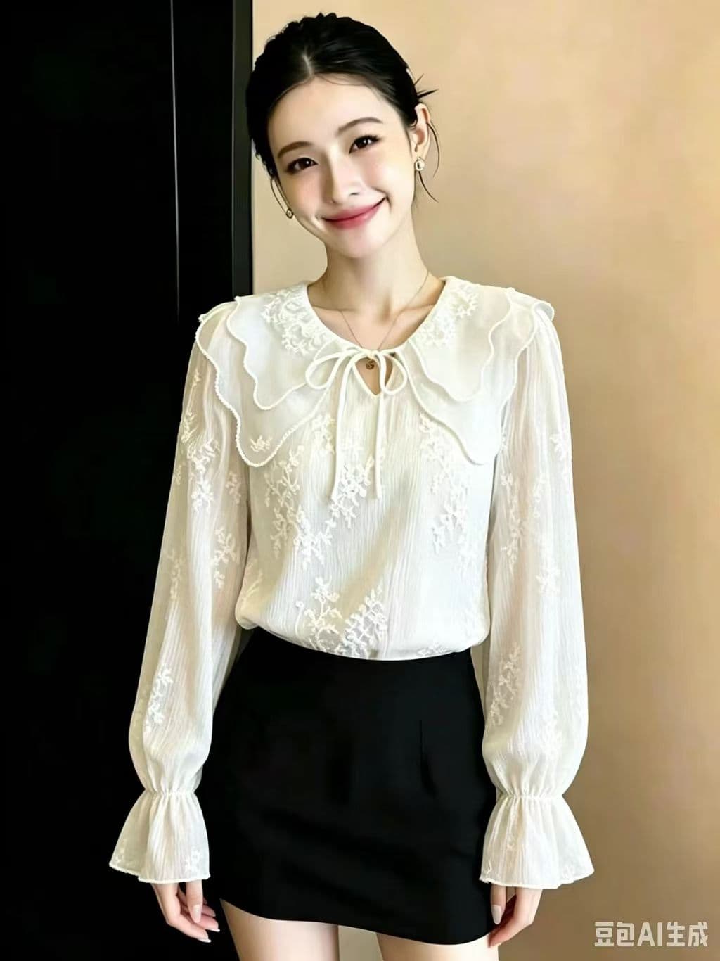 프랑스식 부드러운 바람 베이비 칼라 긴팔 자수 여성 셔츠 2026 년 가을 새로운 레이스업 슬림해 보이는 맨위 상세 이미지 2