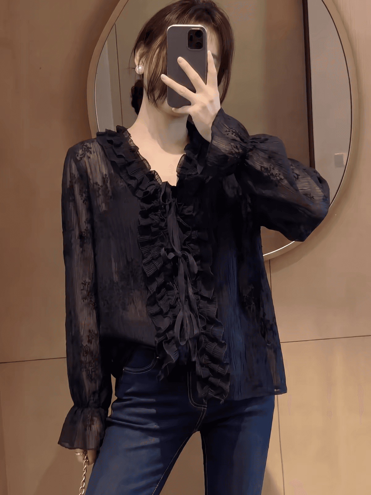 프랑스식 고급 센스 V넥 레이스 자수 셔츠 빅 사이즈 여성 의류 지방 mm 슬림해 보이는 빛 럭셔리 고유 한 슈퍼 잘 생긴 맨위 이미지 4