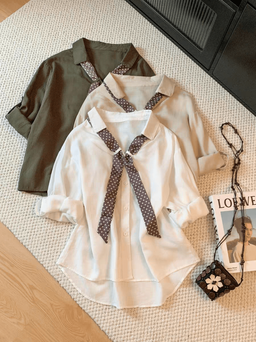 고급 이른 가을 새로운 도트 무늬 리본 POLO 칼라 주간 실크 면 린넨 여성 셔츠 품격 캐주얼 다용도 긴팔 셔츠 이미지 4