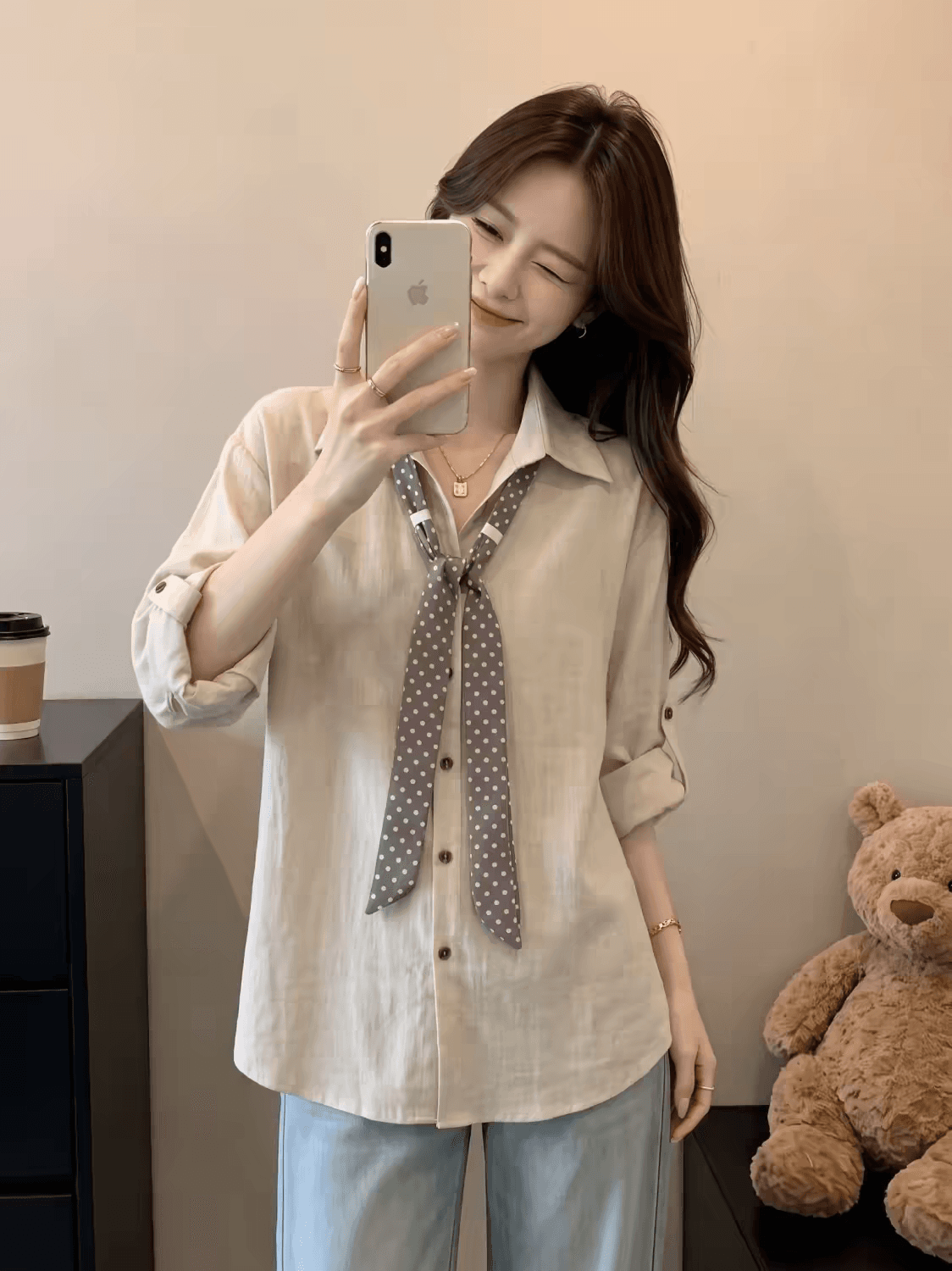 고급 이른 가을 새로운 도트 무늬 리본 POLO 칼라 주간 실크 면 린넨 여성 셔츠 품격 캐주얼 다용도 긴팔 셔츠 상세 이미지 5