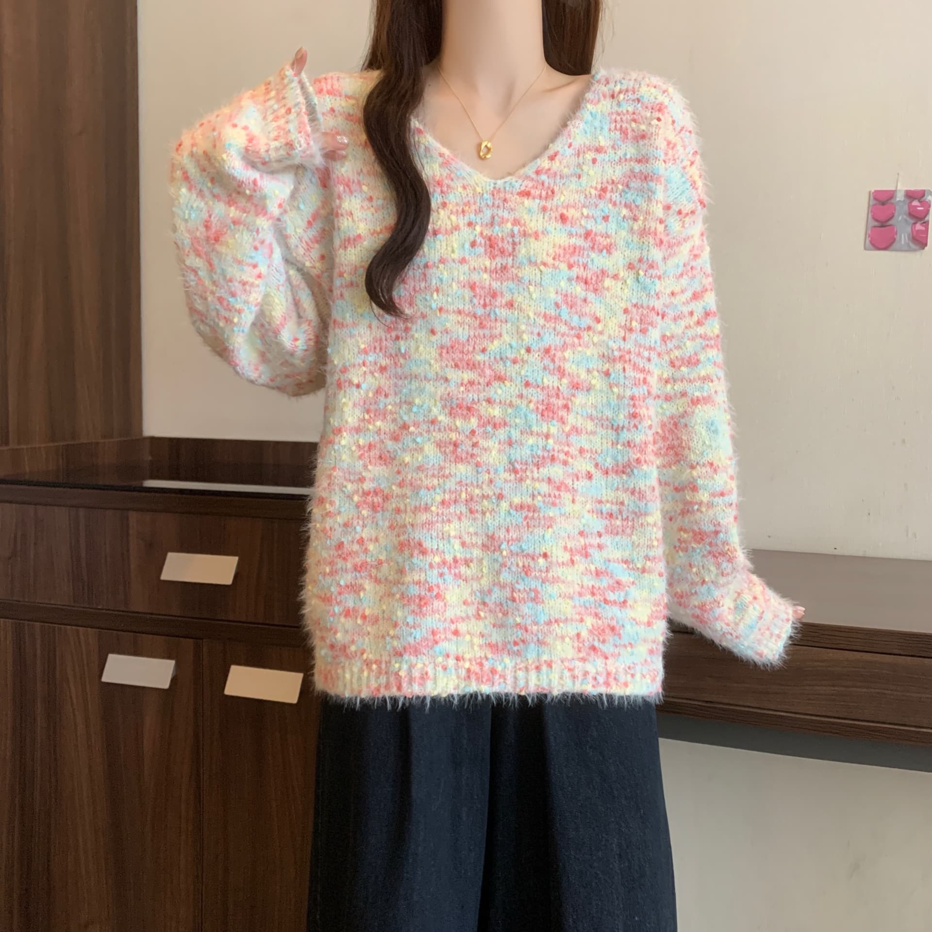 실사 색상 V넥 긴팔 여성 가을 겨울 새로운 빅 사이즈 지방 mm 루즈핏 느긋한 바람 부드러운 찹쌀 아름다운 스웨터 상세 이미지 5