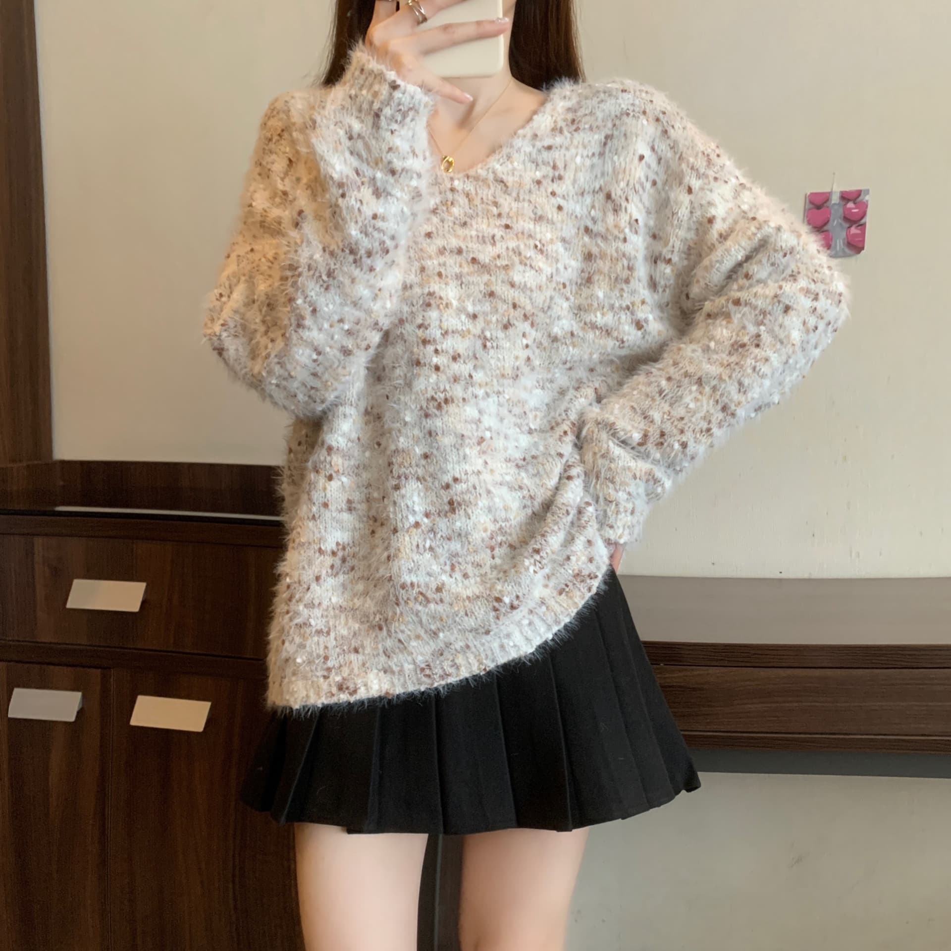실사 색상 V넥 긴팔 여성 가을 겨울 새로운 빅 사이즈 지방 mm 루즈핏 느긋한 바람 부드러운 찹쌀 아름다운 스웨터 상세 이미지 16