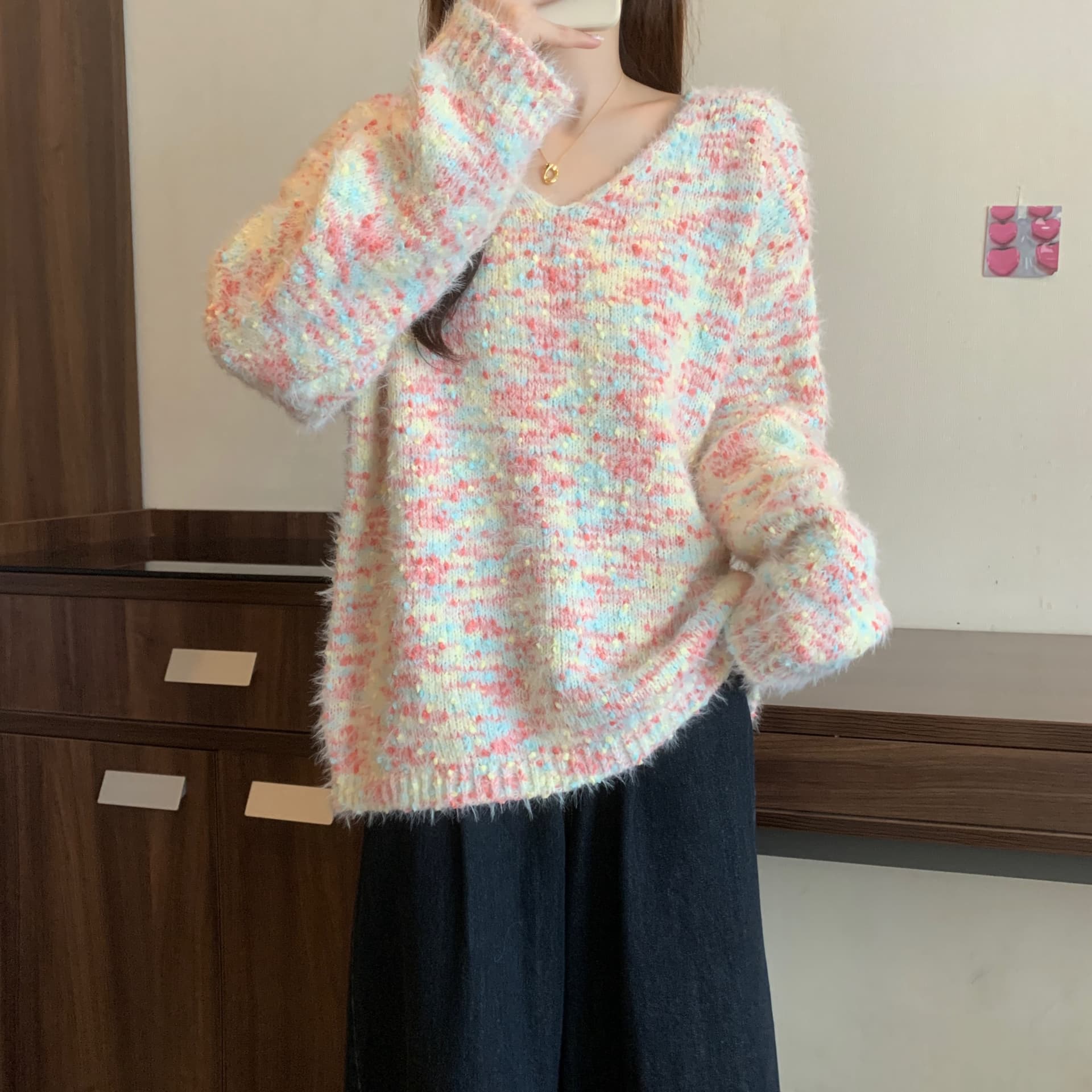 실사 색상 V넥 긴팔 여성 가을 겨울 새로운 빅 사이즈 지방 mm 루즈핏 느긋한 바람 부드러운 찹쌀 아름다운 스웨터 상세 이미지 23