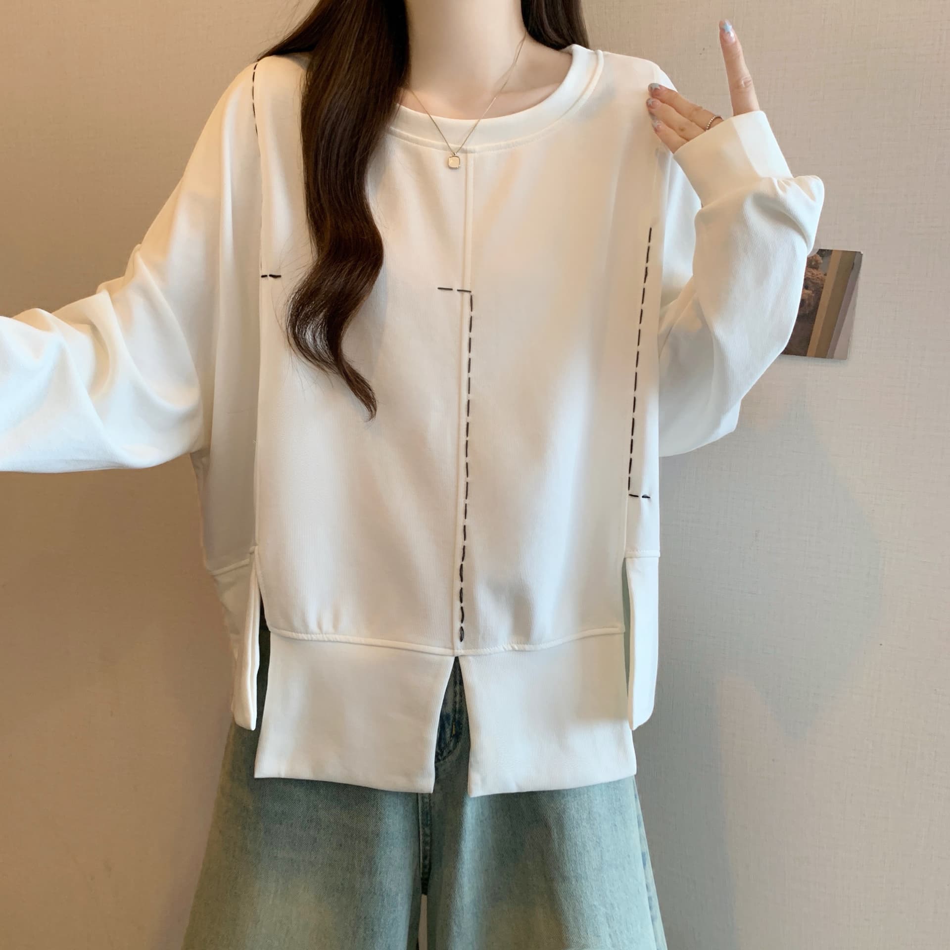 빅 사이즈 라운드 넥 디자인 센스 불규칙 후드티 여성 가을 지방 mm 세련된 루즈핏 표지 배 슬림해 보이는 튀김 거리 의류 상세 이미지 4