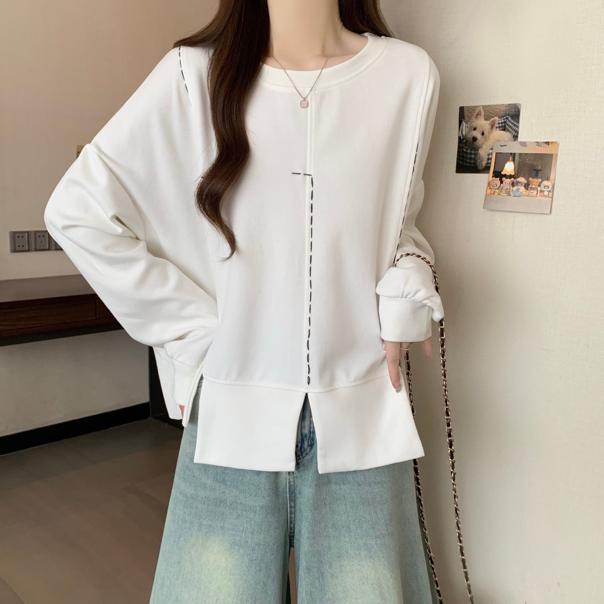 빅 사이즈 라운드 넥 디자인 센스 불규칙 후드티 여성 가을 지방 mm 세련된 루즈핏 표지 배 슬림해 보이는 튀김 거리 의류 상세 이미지 10