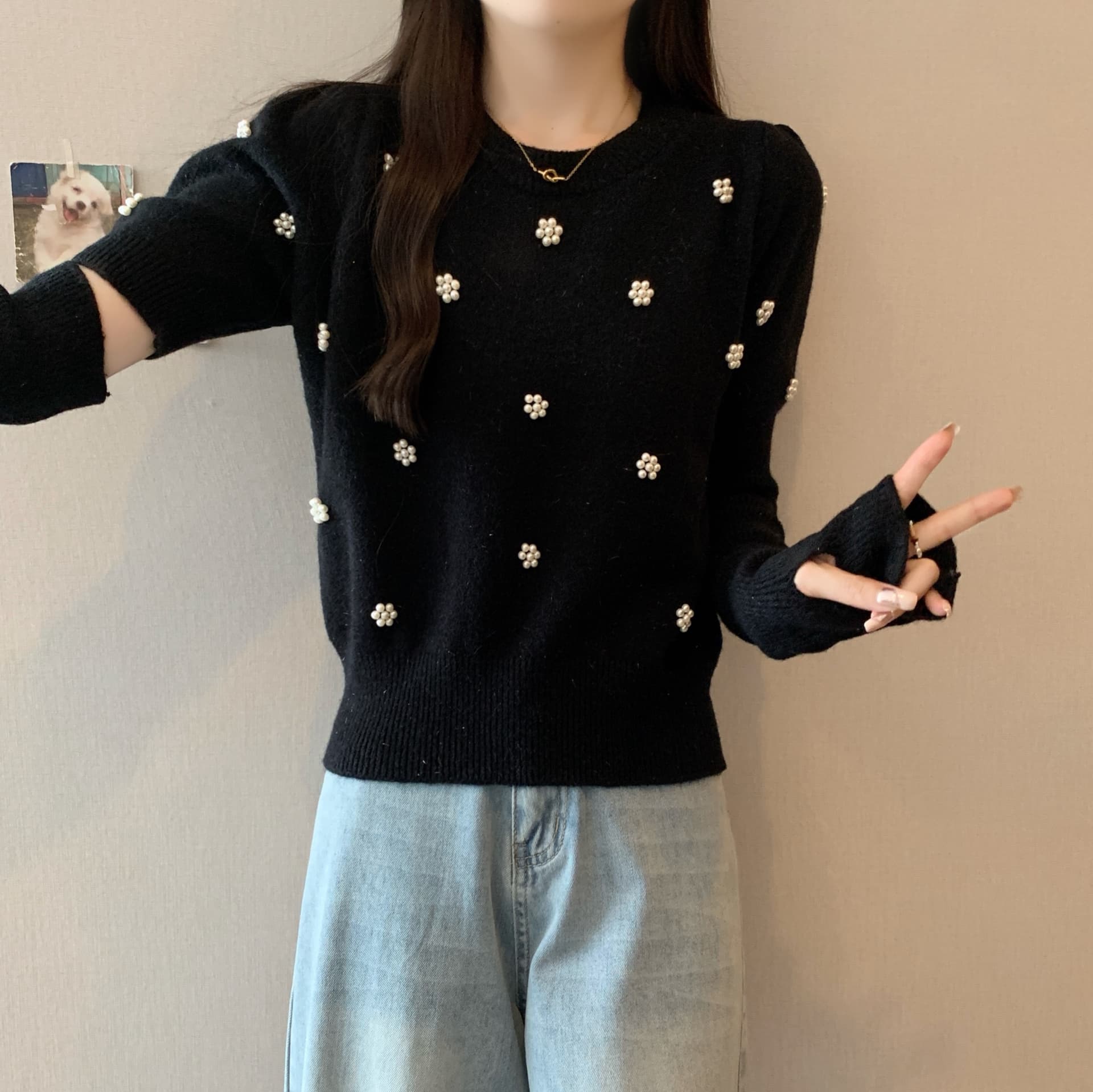 2026 새로운 지방 mm 소매 커버 스웨터 여자 가을 겨울 고급 센스 비즈 박기 꽃 니트 스웨터 풀오버 부드러운 찹쌀 카디건 상세 이미지 15