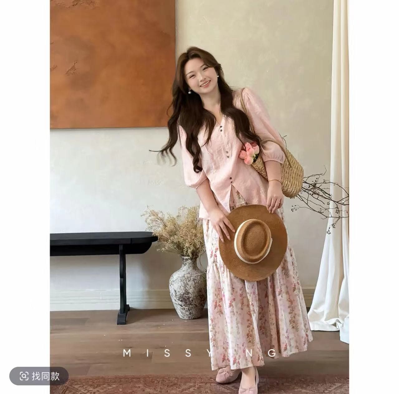 팬 스택 정원 마이크로 지방 빅 사이즈 여름 프랑스식 슬림해 보이는 레트로 분말 셔츠 꽃무늬 반 스커트 세트 상세 이미지 2