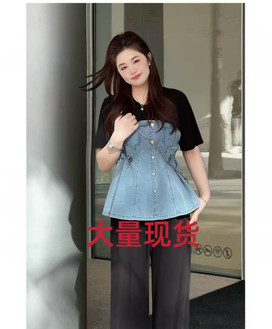 마이크로 지방 여성 의류 빅 사이즈 지방 mm 데님 싸움 페이크 레이어드 반팔 티셔츠 맨위