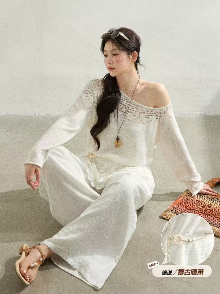 빅 사이즈 여성 의류 새로운 마이크로 지방 지방 mm 한 부서 부드러운 바람 오프숄더 화이트 맨위 가져 가라. 와이드 레그 팬츠 세트 여름 이미지 2