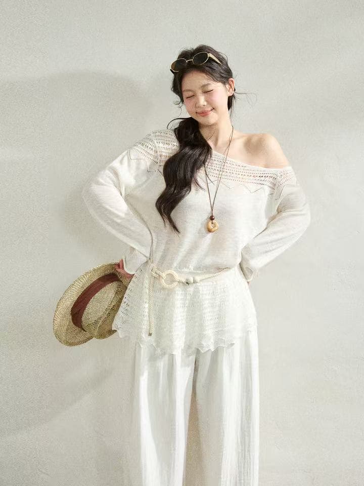 빅 사이즈 여성 의류 새로운 마이크로 지방 지방 mm 한 부서 부드러운 바람 오프숄더 화이트 맨위 가져 가라. 와이드 레그 팬츠 세트 여름 이미지 3