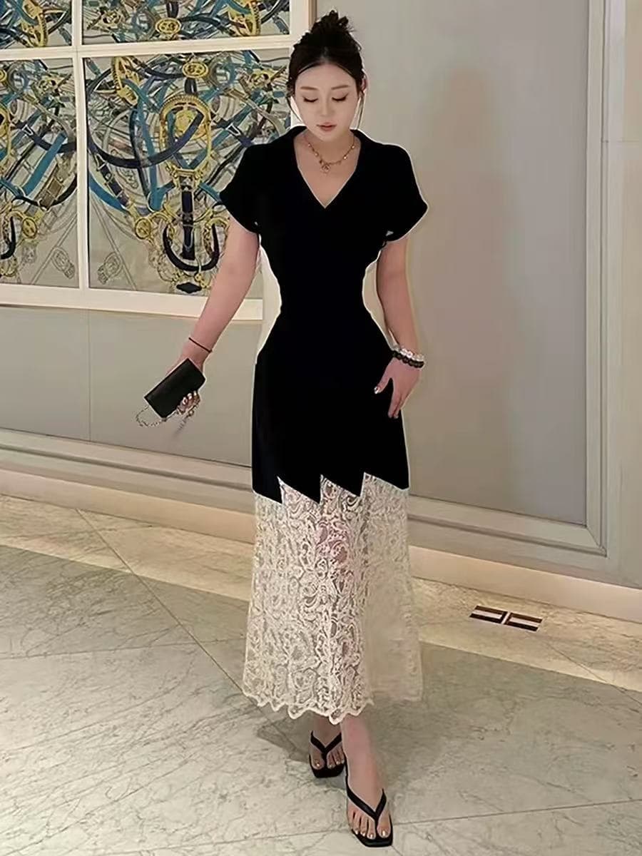 블랙 싸움 살구 롱 코트 검정색 그는 벤 바람 여름 품격 패션 슬림해 보이는 작은 검은 드레스 드레스 치마 이미지 3
