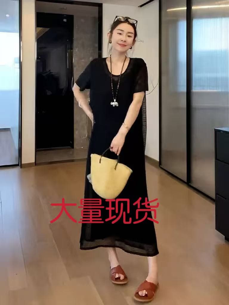 빅 사이즈 다용도 라운드 넥 이중층 페이크 레이어드 반팔 여성 드레스 여름 새로운 지방 mm 자이언트 슬림해 보이는 표지 고기 치마