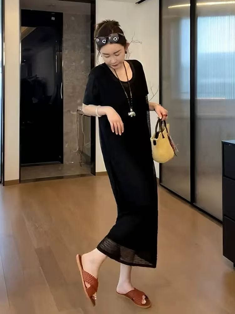 빅 사이즈 다용도 라운드 넥 이중층 페이크 레이어드 반팔 여성 드레스 여름 새로운 지방 mm 자이언트 슬림해 보이는 표지 고기 치마 이미지 3