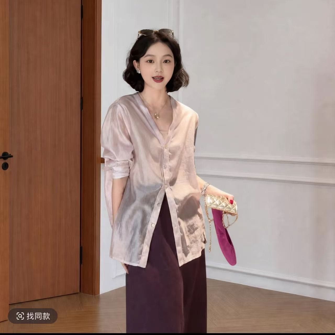 빅 사이즈 여성 의류 느슨함 센스 V넥 품격 출퇴근 얇은 스타일 여성 셔츠 지방 느긋한 바람 루즈핏 셔츠 상세 이미지 3