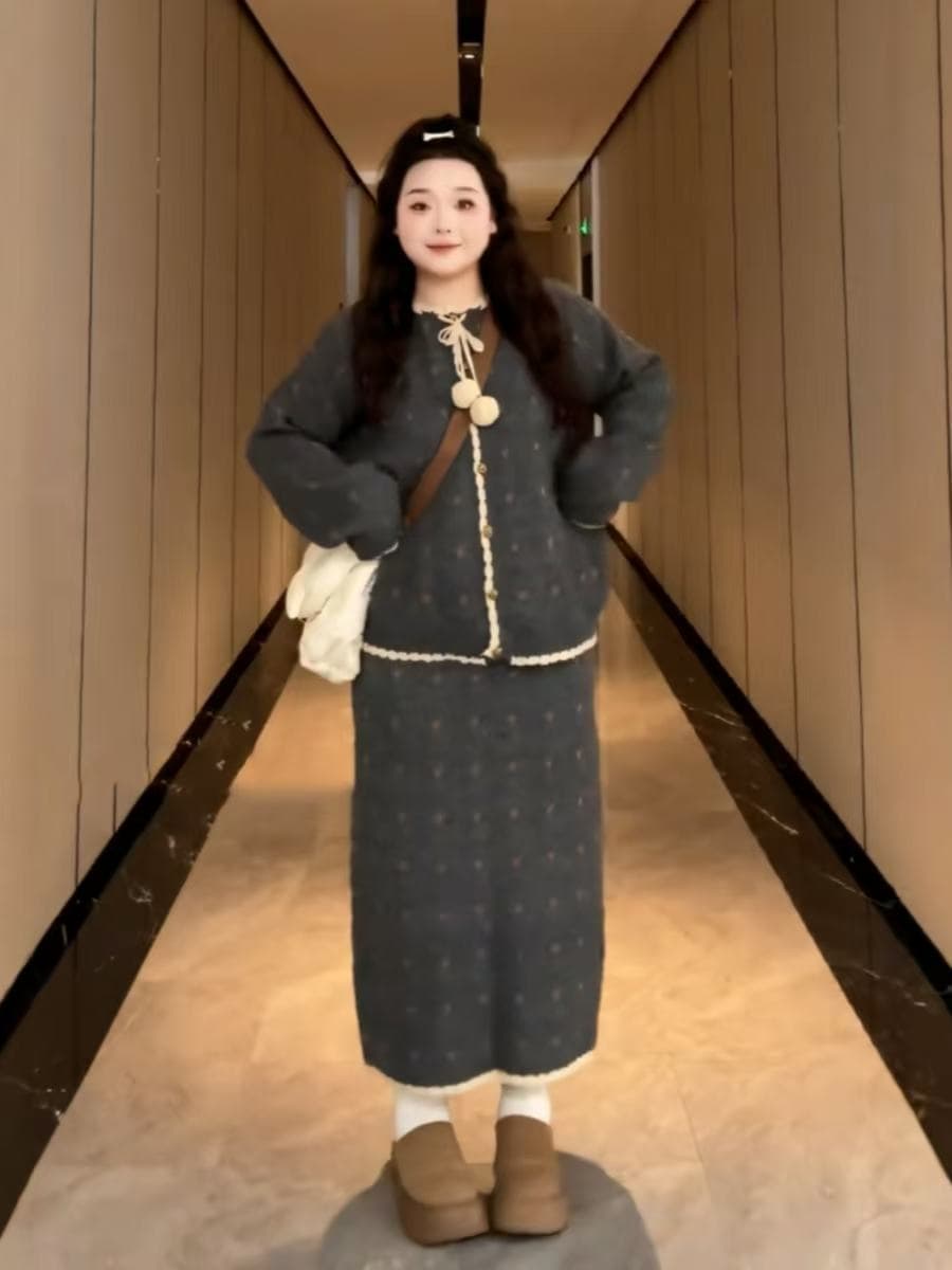 빅 사이즈 한 부서 니트 세트 드레스 여성 레이스업 스웨터 반신 스커트 투피스 세트 마이크로 지방 mm 봄 착용 가져 가라. 전체 집합 이미지 3