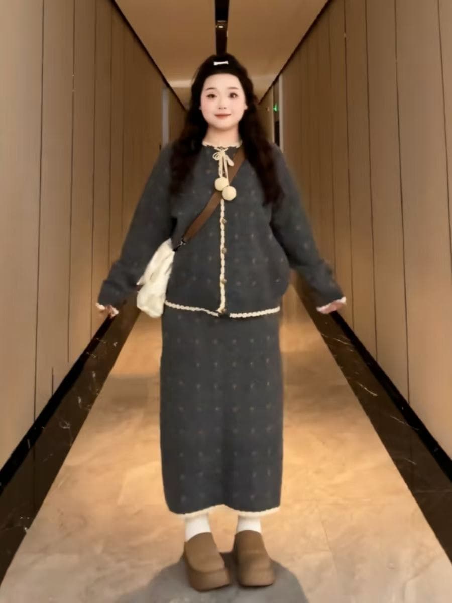 빅 사이즈 한 부서 니트 세트 드레스 여성 레이스업 스웨터 반신 스커트 투피스 세트 마이크로 지방 mm 봄 착용 가져 가라. 전체 집합 상세 이미지 2