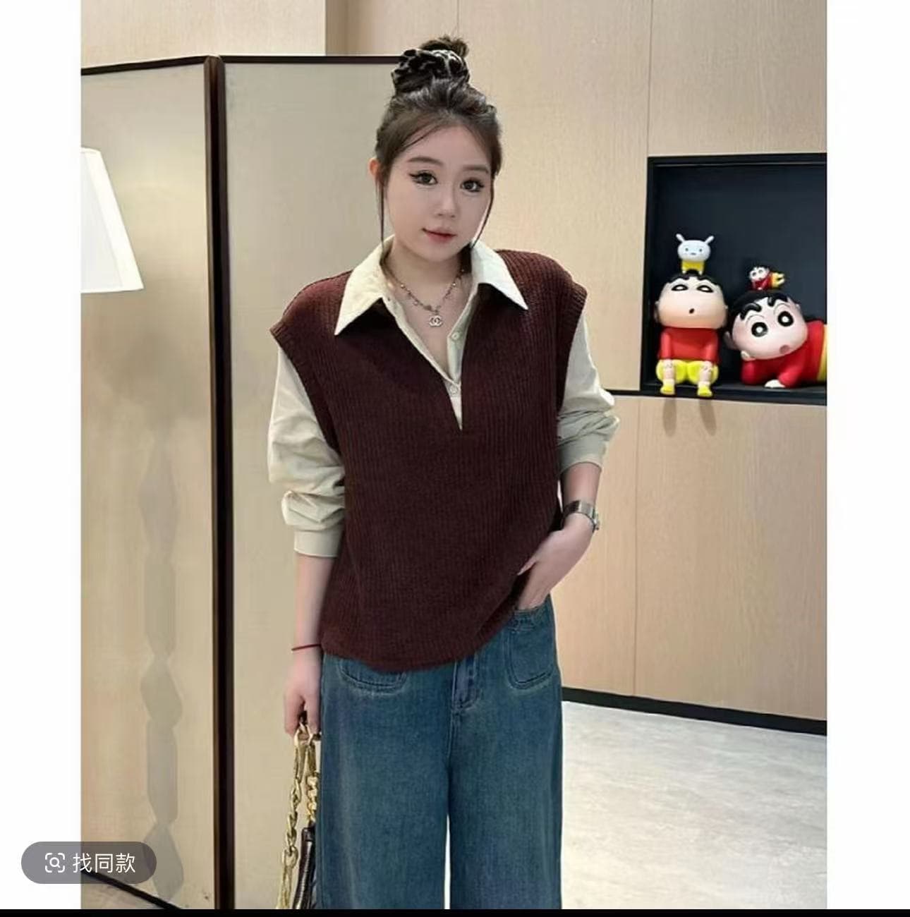 빅 사이즈 지방 mm 페이크 레이어드 패치워크 배색 폴로 칼라 긴팔 여성 셔츠 가을 루즈핏 고유 한 아름다운 작은 셔츠 맨위 이미지 2