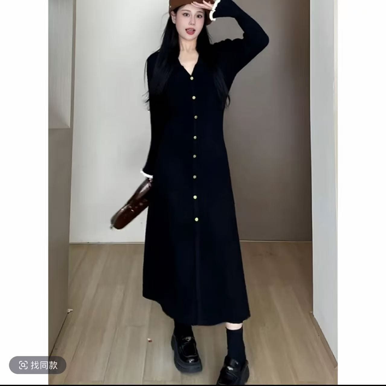 빅 사이즈 프랑스식 품격 폴로 칼라 인사이드 가져 가라. 만나는 니트 작은 검은 드레스 여성 새로운 지방 mm 슬림해 보이는 나팔 소매 드레스 이미지 3